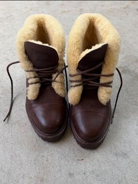 Ralph Lauren Brown Leather Sherpa Wool Lined Lace-Up Ankle Boots Sz 8 Vintage